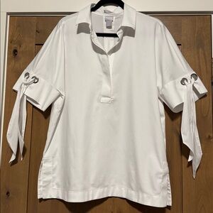 CHICO'S No-Iron Chic Stretch Tunic Top Blouse Womens 10 Grommet Tie Sleeve